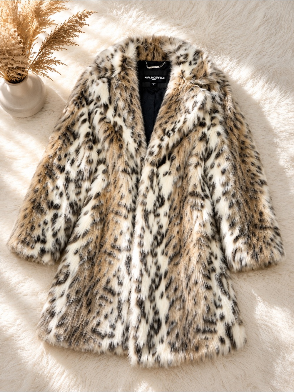 Karl Lagerfeld Animal-Print Faux Fur Coat in Cream and Brown